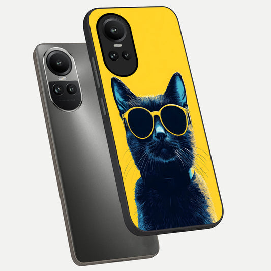 Cool Cat Vibes phone case For Oppo Reno 10 showing premium glass back cover with detailed artwork