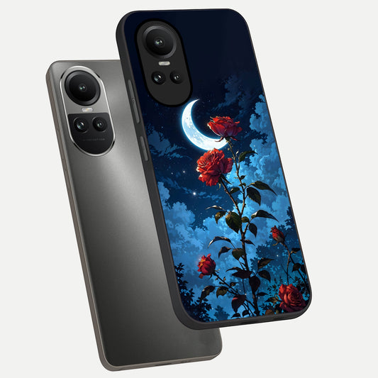 Crimson Rose Moon phone case For Oppo Reno 10 showing premium glass back cover with detailed artwork