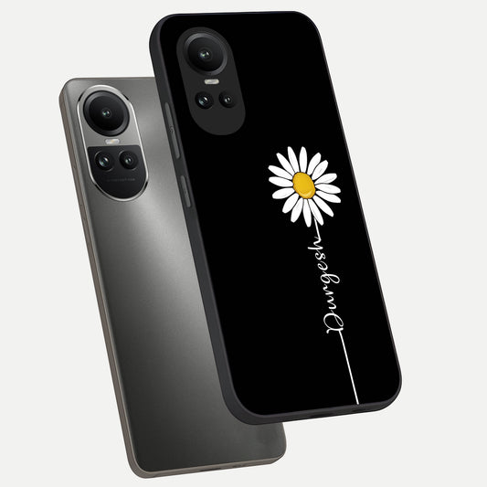 Custom Name White Flower phone case For Oppo Reno 10 showing premium glass back cover with detailed artwork