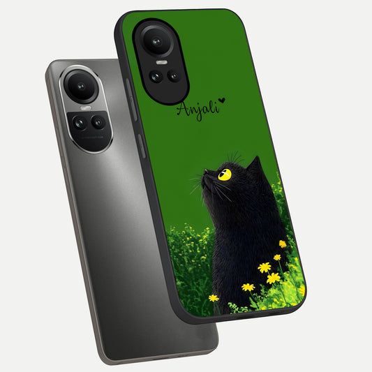 Emerald Cat Custom Name phone case For Oppo Reno 10 showing premium glass back cover with detailed artwork