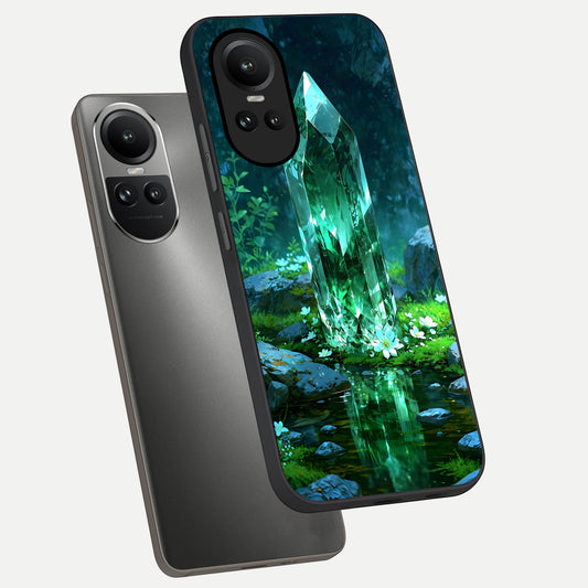Emerald Light Crystal phone case For Oppo Reno 10 showing premium glass back cover with detailed artwork