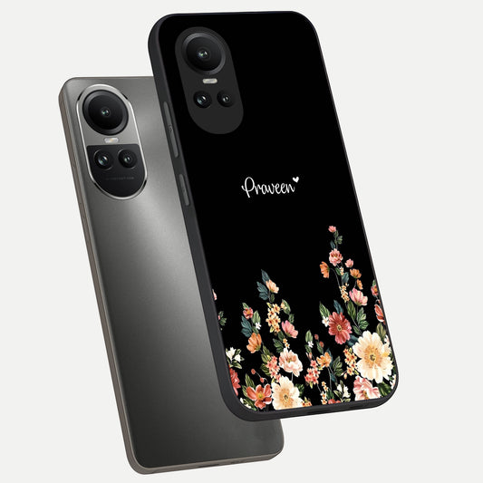 Floral Design Personalized Custom Name phone case For Oppo Reno 10 showing premium glass back cover with detailed artwork