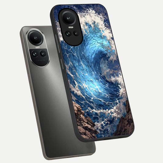 Giant Ocean Wave phone case For Oppo Reno 10 showing premium glass back cover with detailed artwork