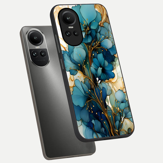 Golden Bloom Symphony phone case For Oppo Reno 10 showing premium glass back cover with detailed artwork