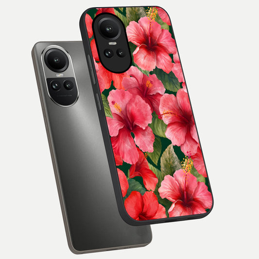 Hibiscus Pattern phone case For Oppo Reno 10 showing premium glass back cover with detailed artwork