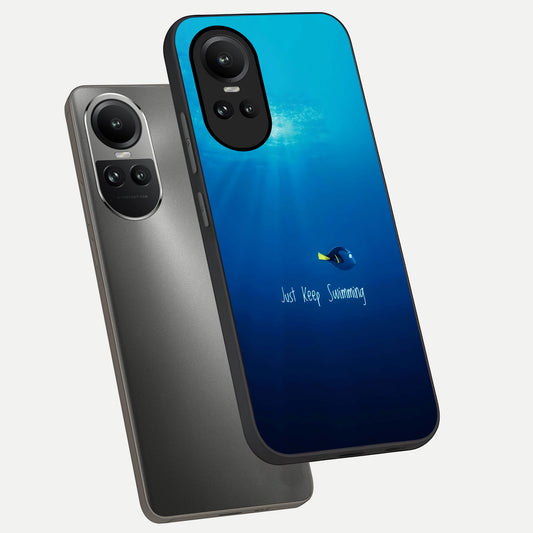 Just Keep Swimming phone case For Oppo Reno 10 showing premium glass back cover with detailed artwork