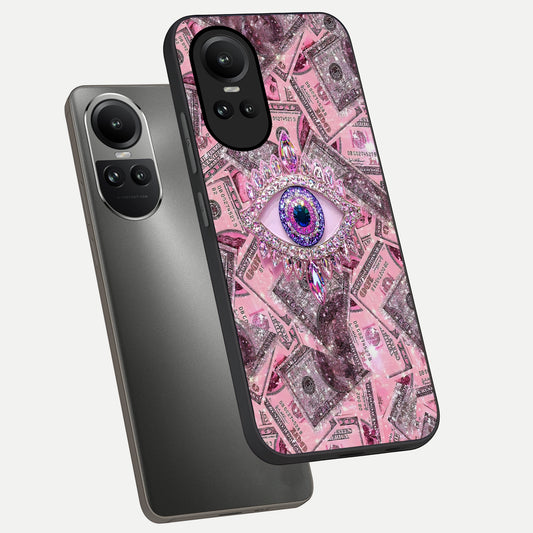 Money Eye Luxe phone case For Oppo Reno 10 showing premium glass back cover with detailed artwork