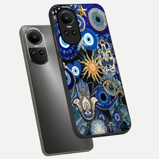 Mystic Blue Evil Eye phone case For Oppo Reno 10 showing premium glass back cover with detailed artwork