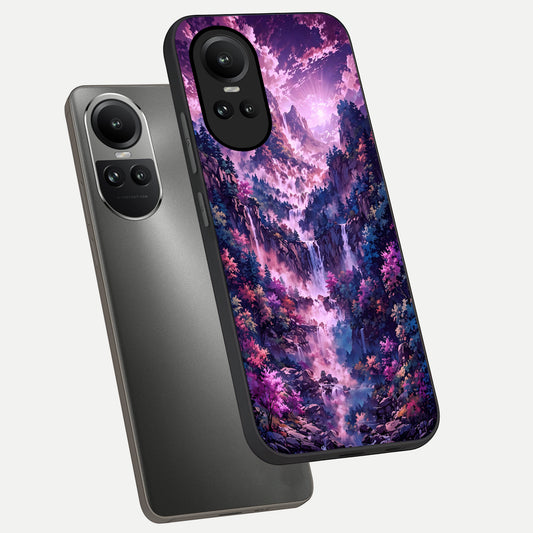 Mystic Cascade Peaks phone case For Oppo Reno 10 showing premium glass back cover with detailed artwork