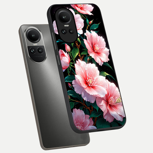 Peach Flower phone case For Oppo Reno 10 showing premium glass back cover with detailed artwork