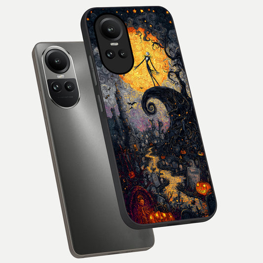 Pumpkin Moon Night phone case For Oppo Reno 10 showing premium glass back cover with detailed artwork