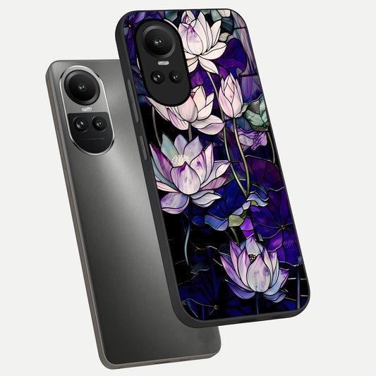 Purple Lotus Pattern phone case For Oppo Reno 10 showing premium glass back cover with detailed artwork