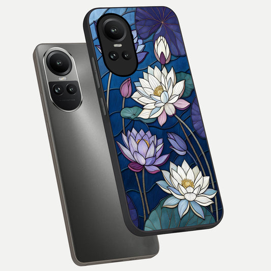 Purple Lotus Stained phone case For Oppo Reno 10 showing premium glass back cover with detailed artwork
