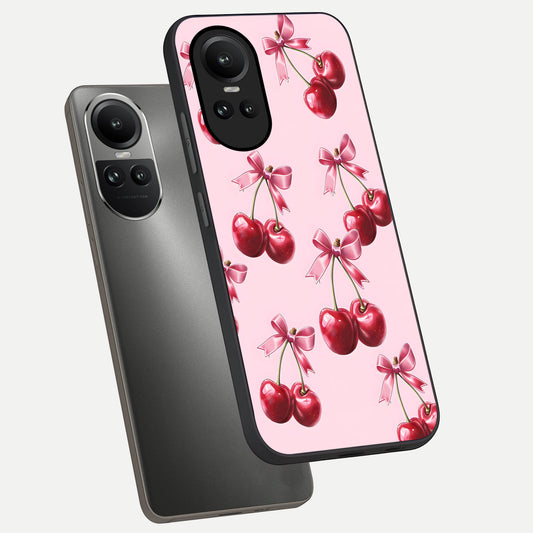 Red Cherries Pattern phone case For Oppo Reno 10 showing premium glass back cover with detailed artwork