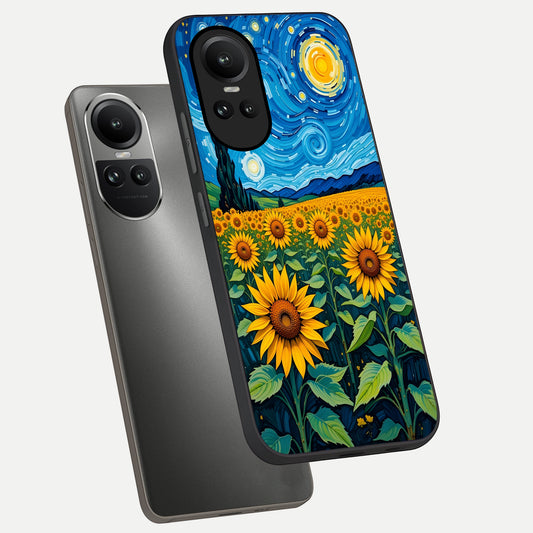 Starry Sunflower Dreams phone case For Oppo Reno 10 showing premium glass back cover with detailed artwork