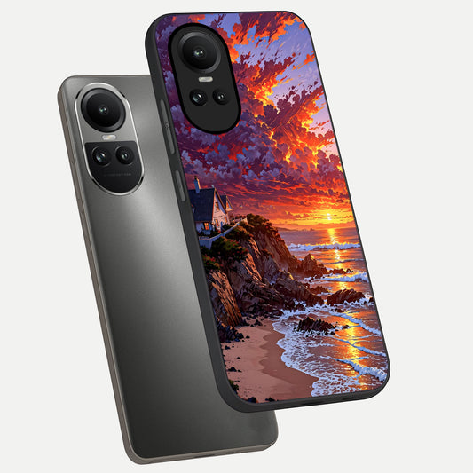 Sunset House By Sea phone case For Oppo Reno 10 showing premium glass back cover with detailed artwork