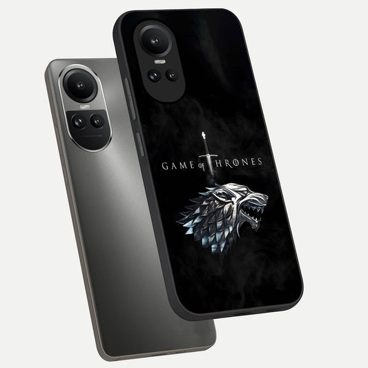 Throne Wolf Legacy phone case For Oppo Reno 10 showing premium glass back cover with detailed artwork