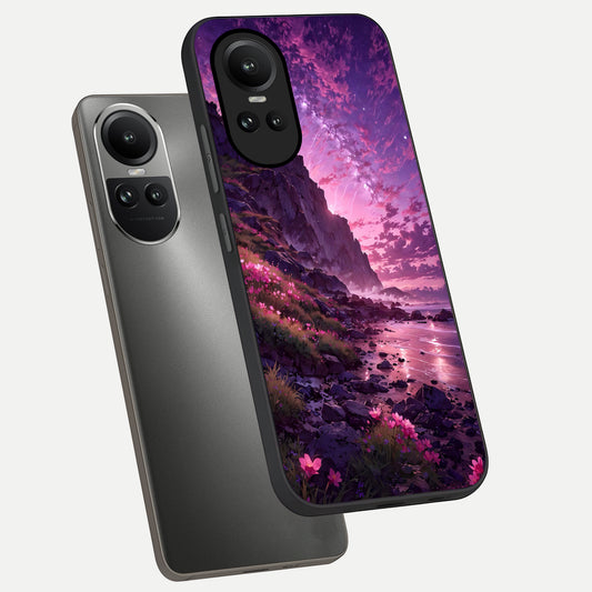 Twilight Blossom Coast phone case For Oppo Reno 10 showing premium glass back cover with detailed artwork