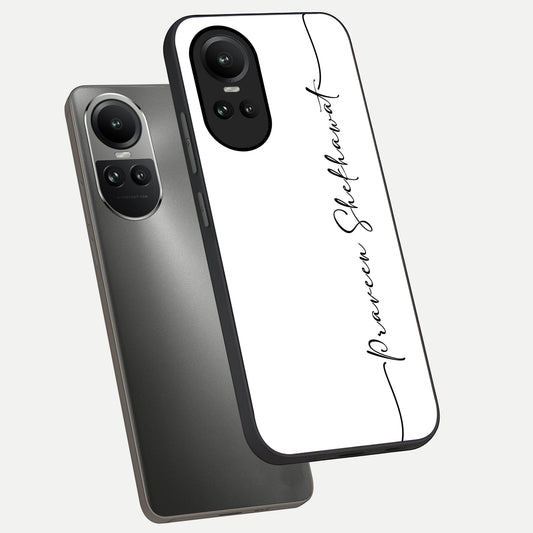 White Tune Custom Name phone case For Oppo Reno 10 showing premium custom name glass back cover