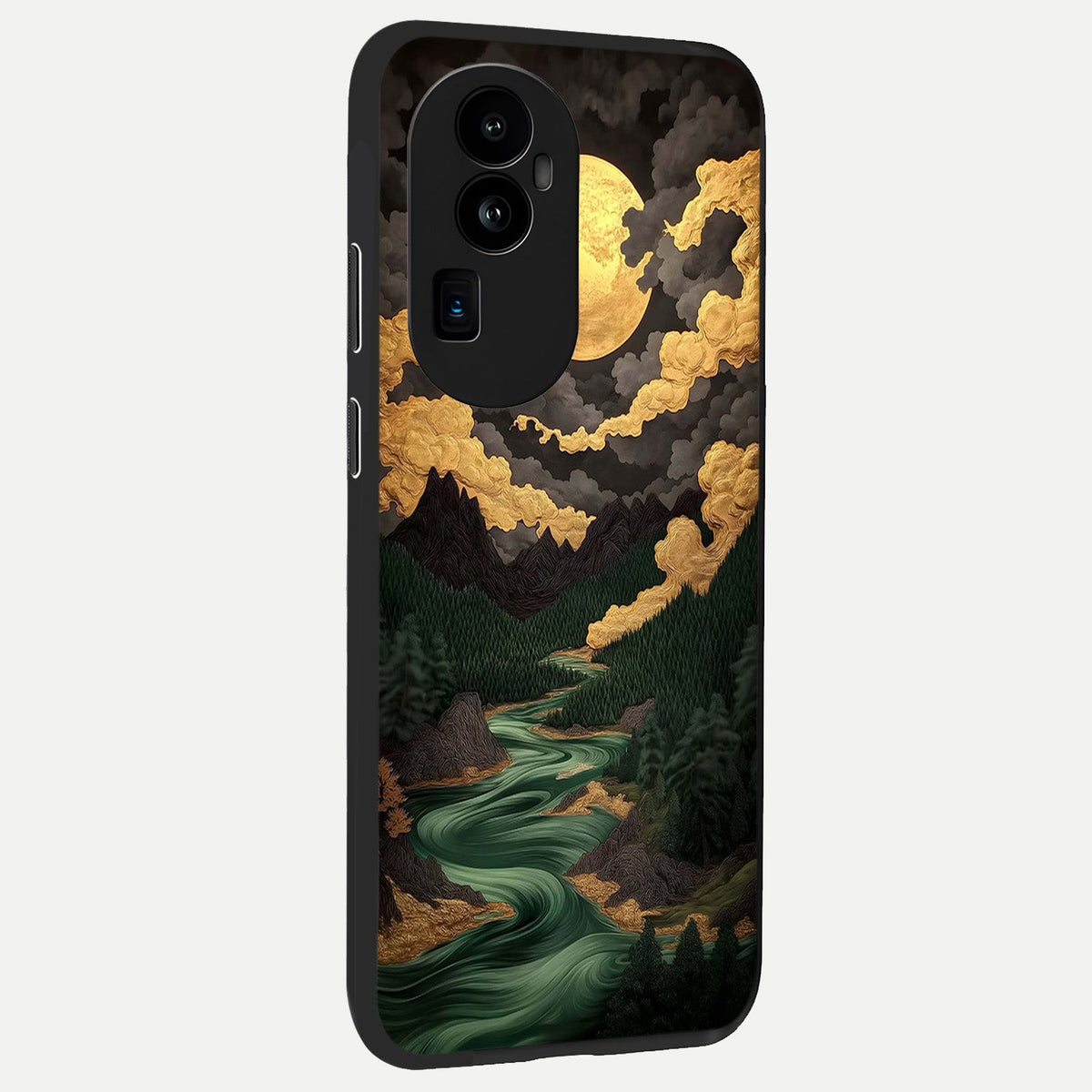 Golden River Moon back cover For Oppo Reno 10 Pro Plus slim fit glass case with vibrant aesthetic design