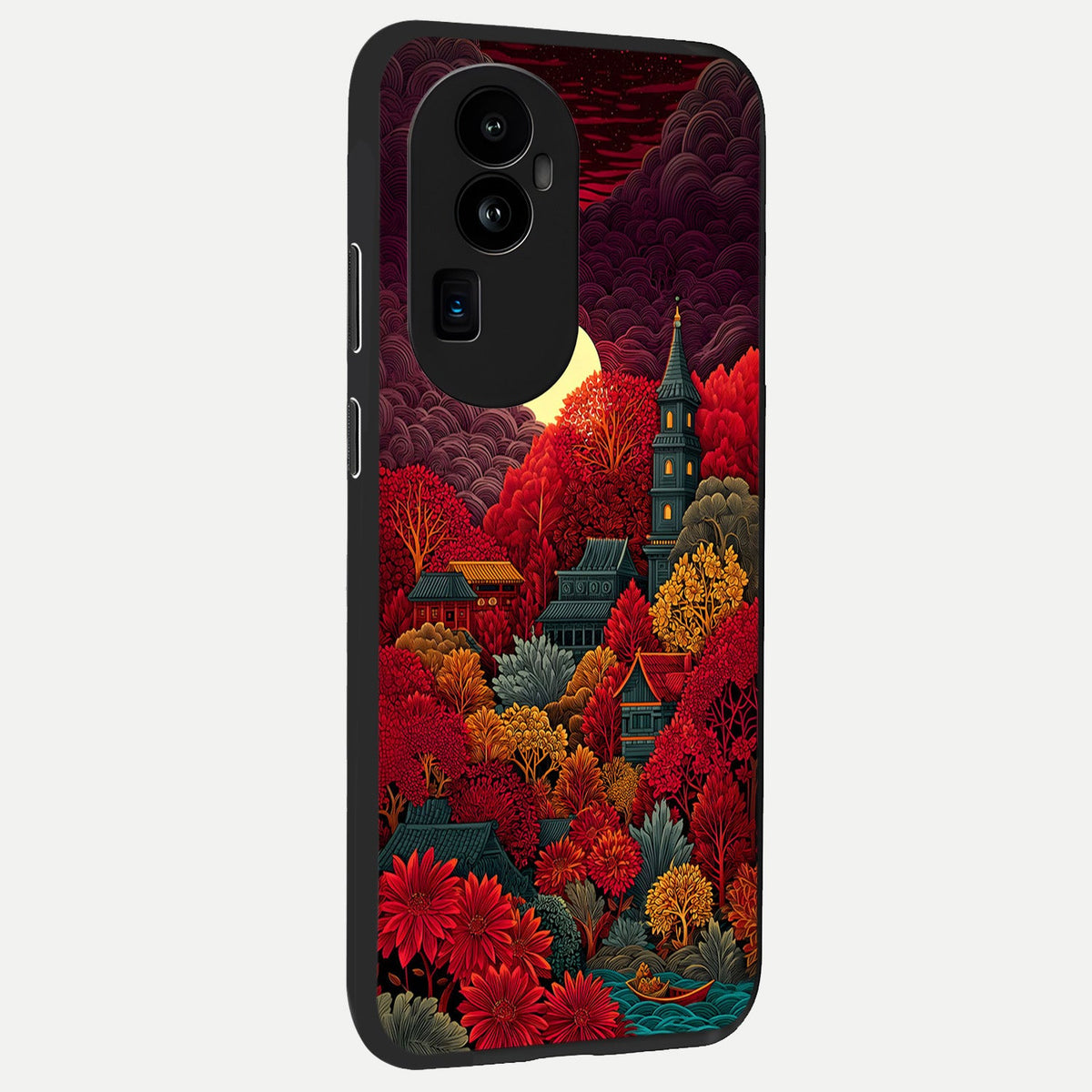 Scarlet Autumn Temple back cover For Oppo Reno 10 Pro Plus slim fit glass case with vibrant aesthetic design