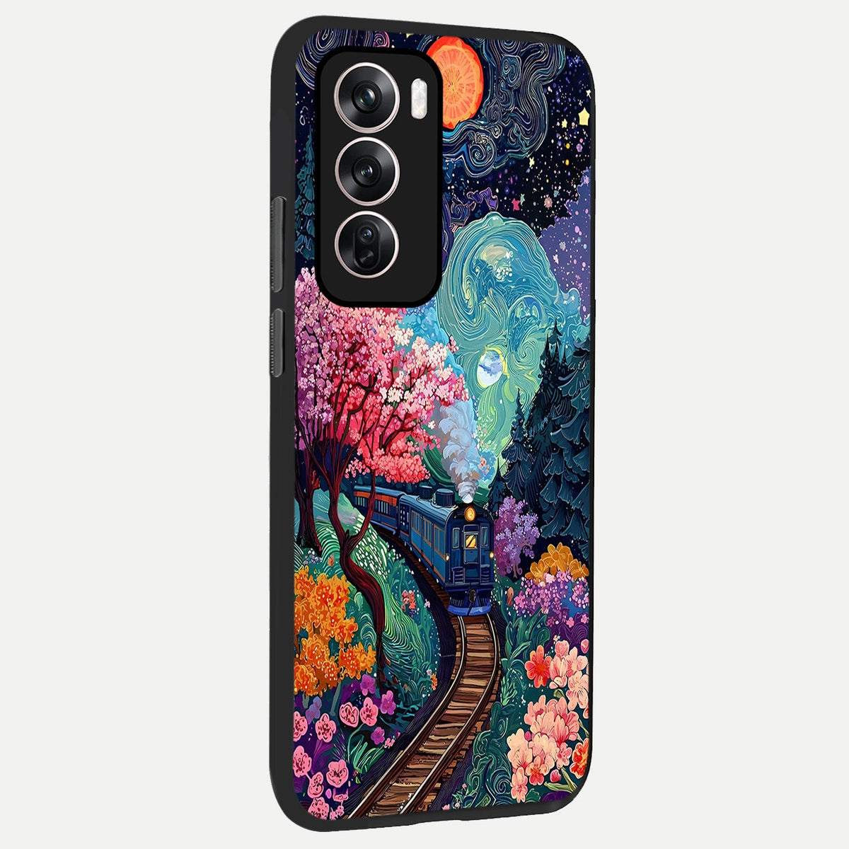 Celestial Train Journey back cover For Oppo Reno 12 Pro slim fit glass case with vibrant aesthetic design