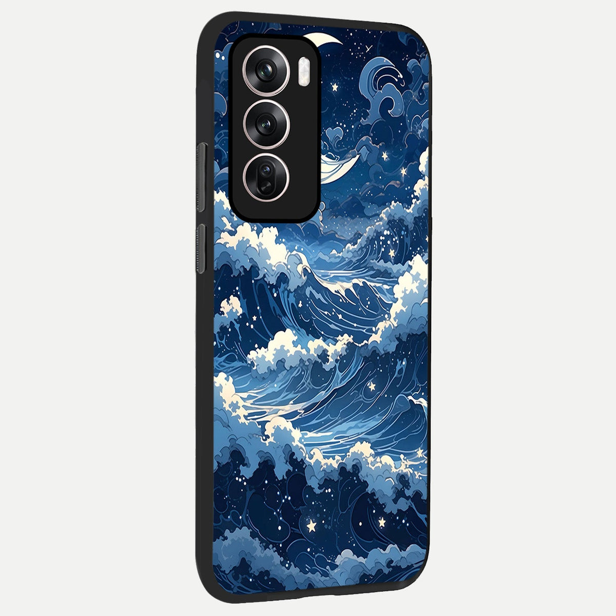 Ocean Moon Waves back cover For Oppo Reno 12 Pro slim fit glass case with vibrant aesthetic design