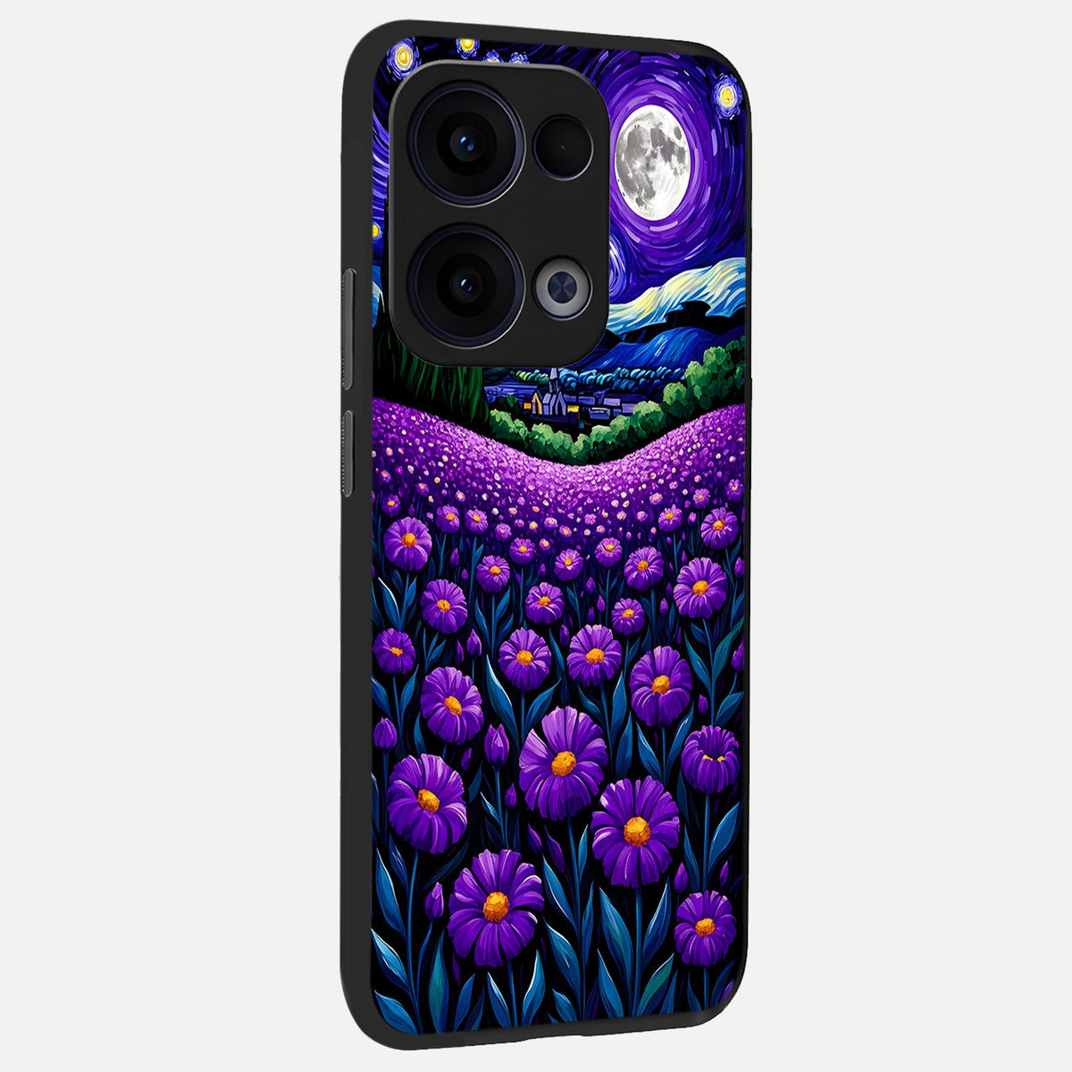 Lavender Moon Field back cover For Oppo Reno 13 slim fit glass case with vibrant aesthetic design
