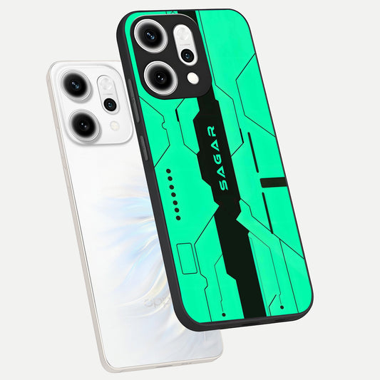 Aqua Tech CYBERPUNK Custom Name phone case For Oppo Reno 14 Pro showing premium glass back cover with detailed artwork