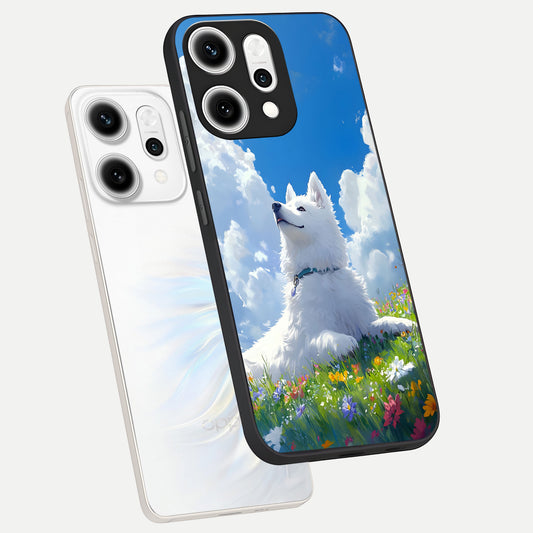 Blissful Cloud Pup phone case For Oppo Reno 14 Pro showing premium glass back cover with detailed artwork
