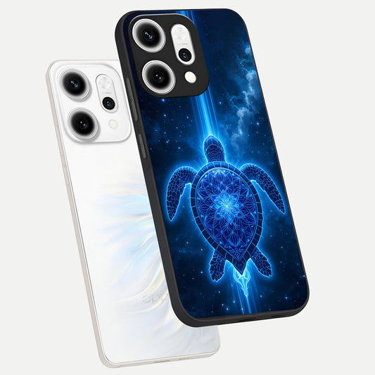 Blue Galaxy Turtle phone case For Oppo Reno 14 Pro showing premium glass back cover with detailed artwork