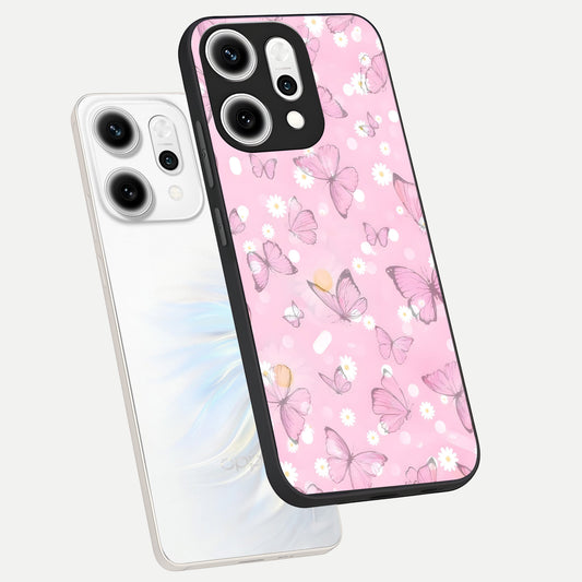 Blush Butterfly Garden phone case For Oppo Reno 14 Pro showing premium glass back cover with detailed artwork