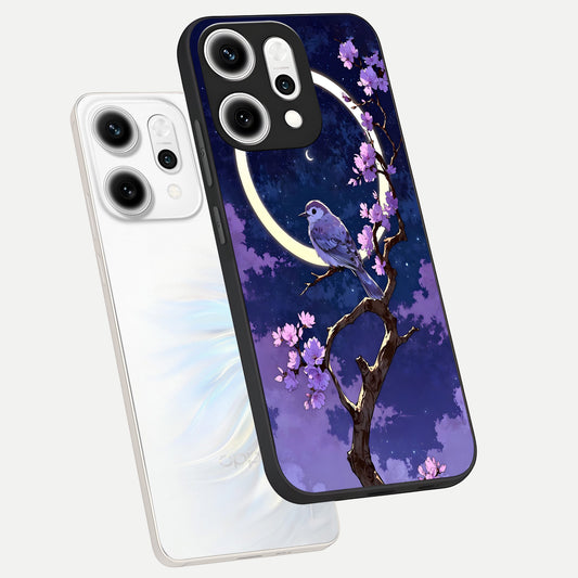 Celestial Bird Blossom phone case For Oppo Reno 14 Pro showing premium glass back cover with detailed artwork