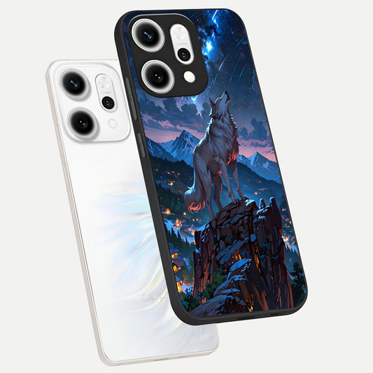 Celestial Wolf Howl phone case For Oppo Reno 14 Pro showing premium glass back cover with detailed artwork