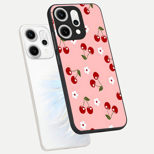 Cherry Love Mood phone case For Oppo Reno 14 Pro showing premium glass back cover with detailed artwork