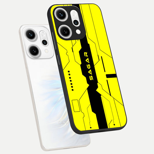 Circuit CYBERPUNK Custom Name phone case For Oppo Reno 14 Pro showing premium glass back cover with detailed artwork