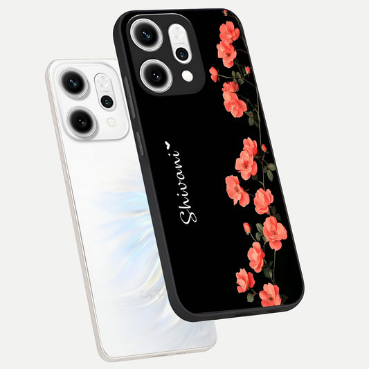 Crimson Bloom Grace Custom Name phone case For Oppo Reno 14 Pro showing premium glass back cover with detailed artwork