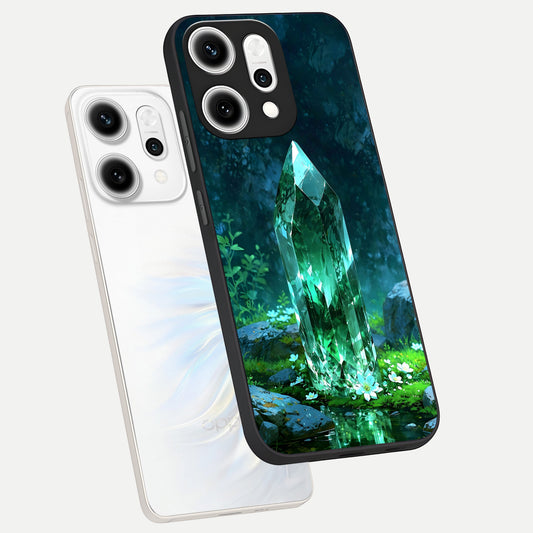 Emerald Light Crystal phone case For Oppo Reno 14 Pro showing premium glass back cover with detailed artwork