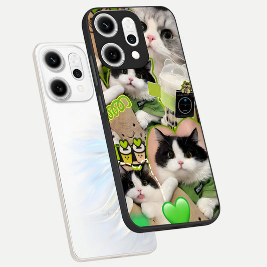 Matcha Cats Mood phone case For Oppo Reno 14 Pro showing premium glass back cover with detailed artwork