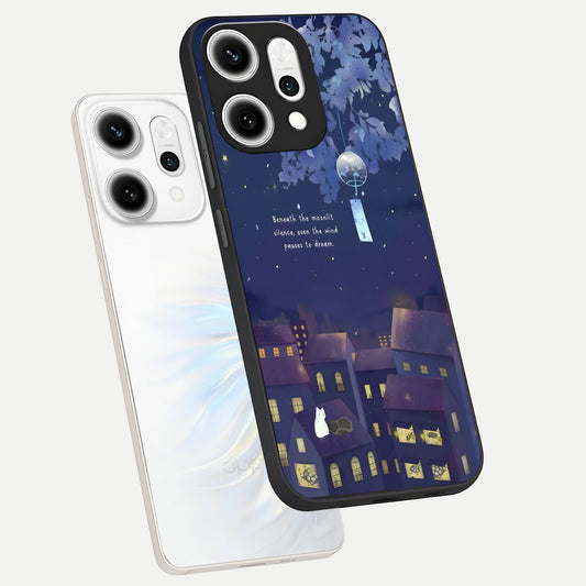 Moonlit Cat Silence phone case For Oppo Reno 14 Pro showing premium glass back cover with detailed artwork