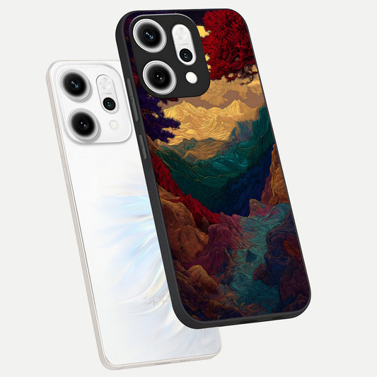 Mystic Valley Light phone case For Oppo Reno 14 Pro showing premium glass back cover with detailed artwork