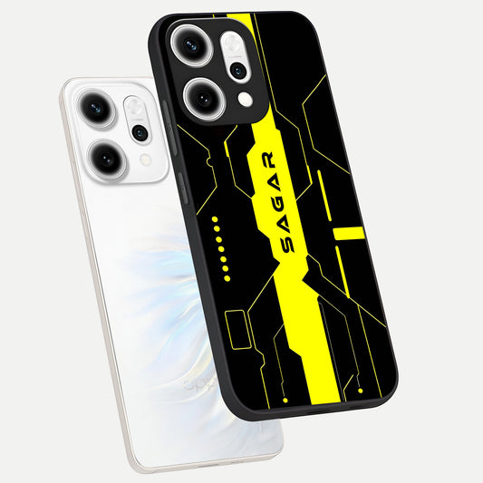 Neon CYBERPUNK Custom Name phone case For Oppo Reno 14 Pro showing premium glass back cover with detailed artwork