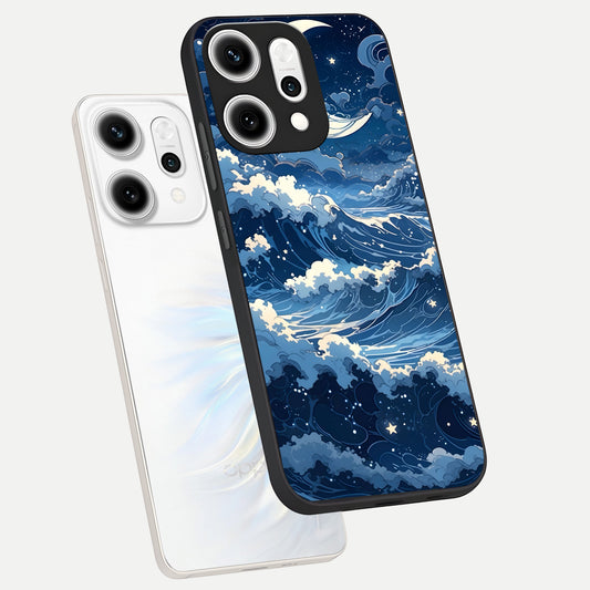 Ocean Moon Waves phone case For Oppo Reno 14 Pro showing premium glass back cover with detailed artwork