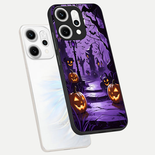 Pumpkin Patch Halloween phone case For Oppo Reno 14 Pro showing premium glass back cover with detailed artwork