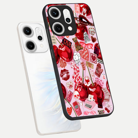 Sweet Cherry Chaos phone case For Oppo Reno 14 Pro showing premium glass back cover with detailed artwork
