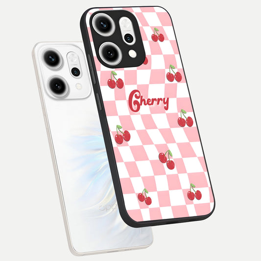 Sweet Cherry Vibes phone case For Oppo Reno 14 Pro showing premium glass back cover with detailed artwork