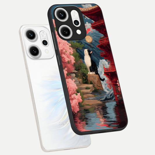 Temple Cat Scenery phone case For Oppo Reno 14 Pro showing premium glass back cover with detailed artwork