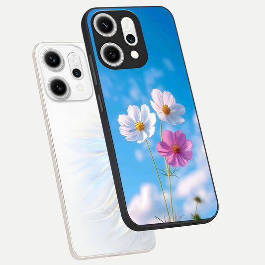 Tripple Flowers With Sky phone case For Oppo Reno 14 Pro showing premium glass back cover with detailed artwork