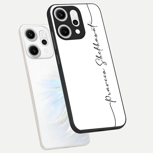 White Tune Custom Name phone case For Oppo Reno 14 Pro showing premium custom name glass back cover