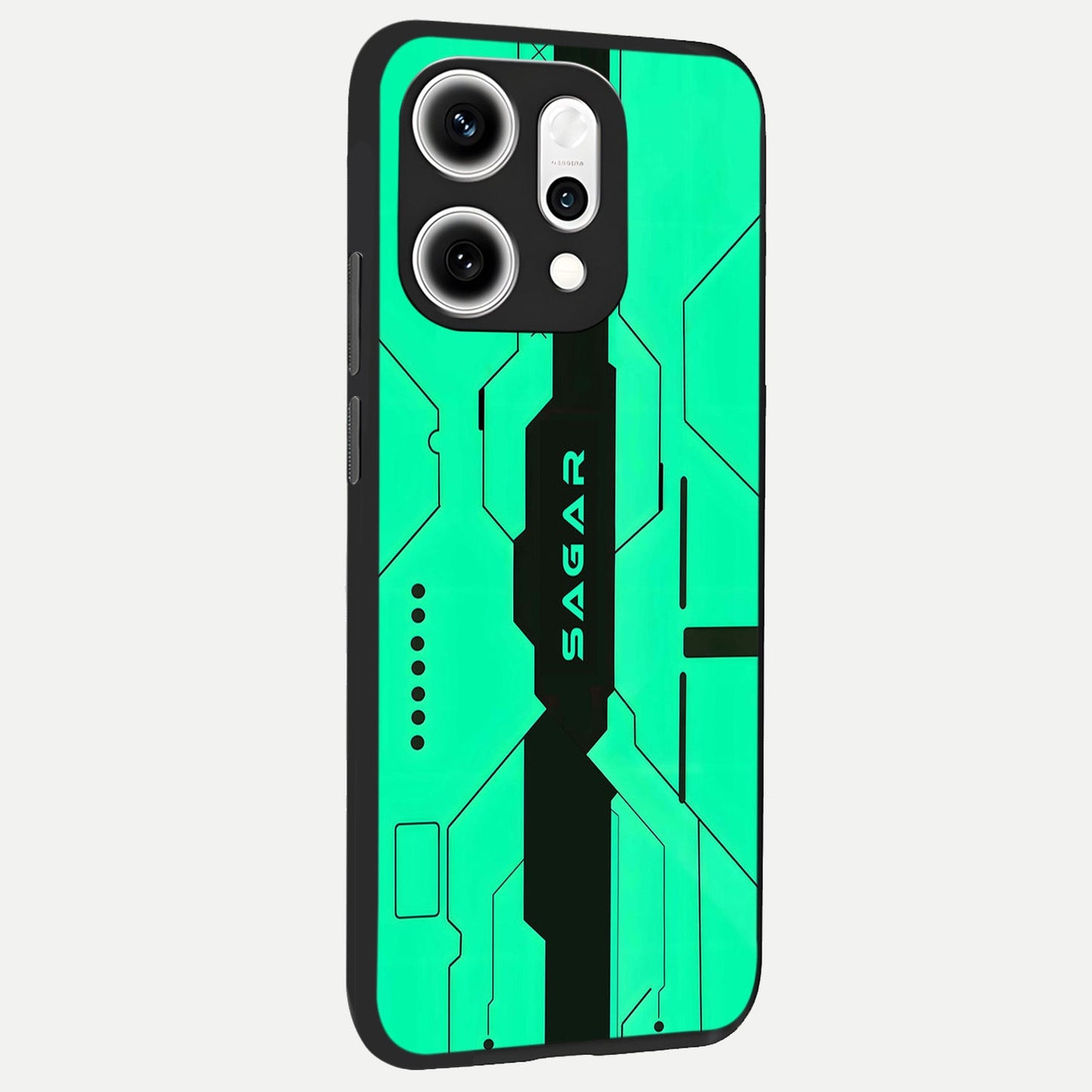 Aqua Tech CYBERPUNK Custom Name back cover For Oppo Reno 14 Pro slim fit glass case with vibrant aesthetic design